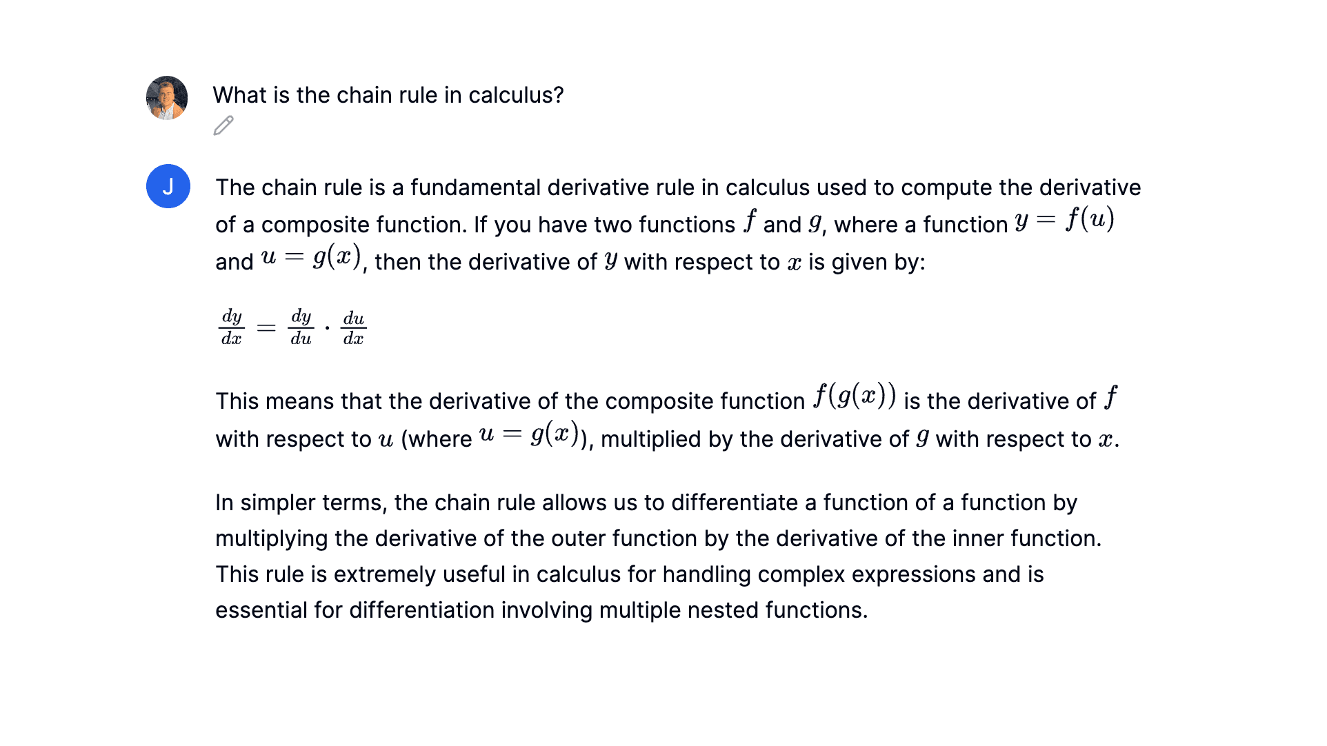 AI answering chain rule question.