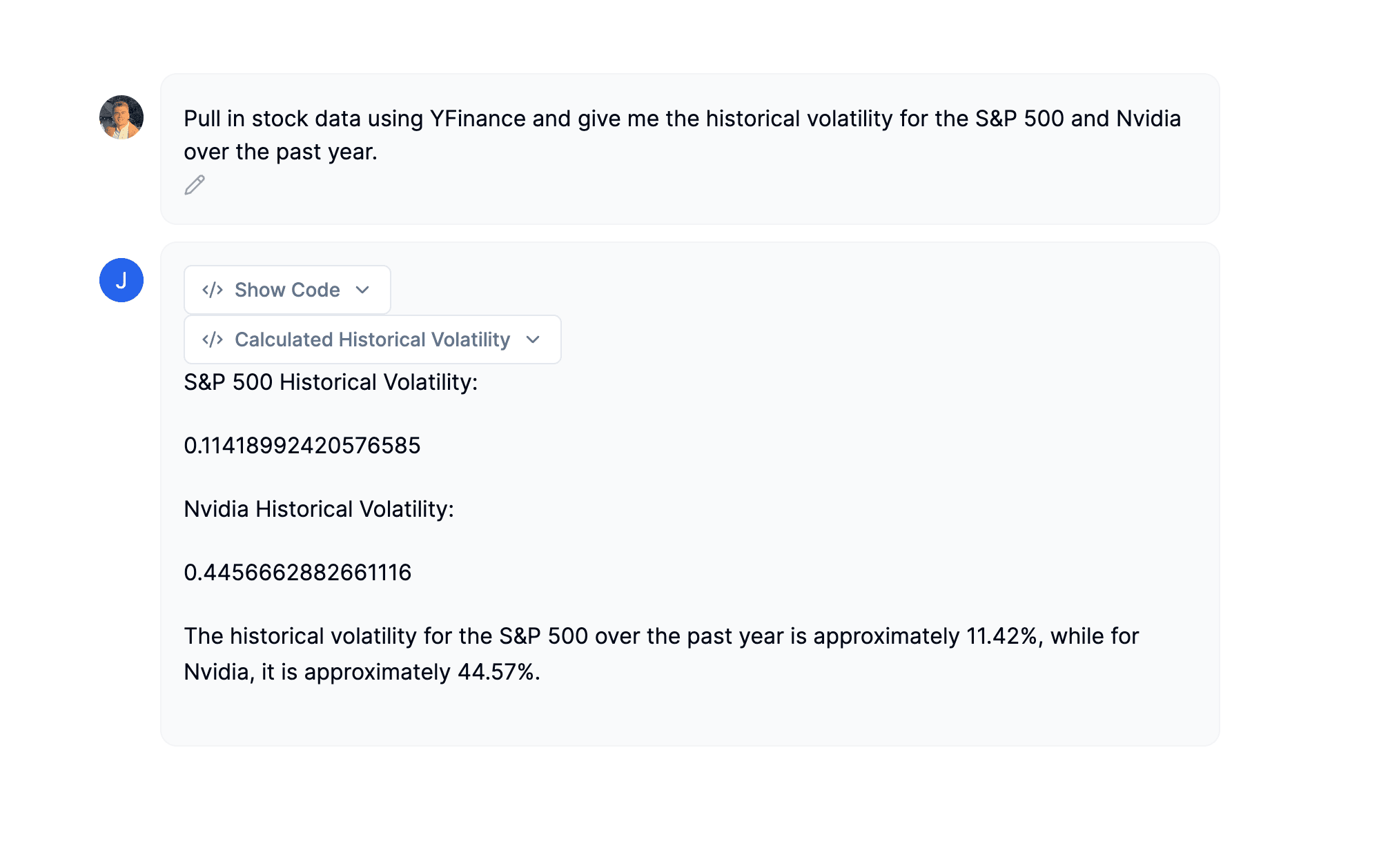 Screenshot of an analysis of historical volatility.