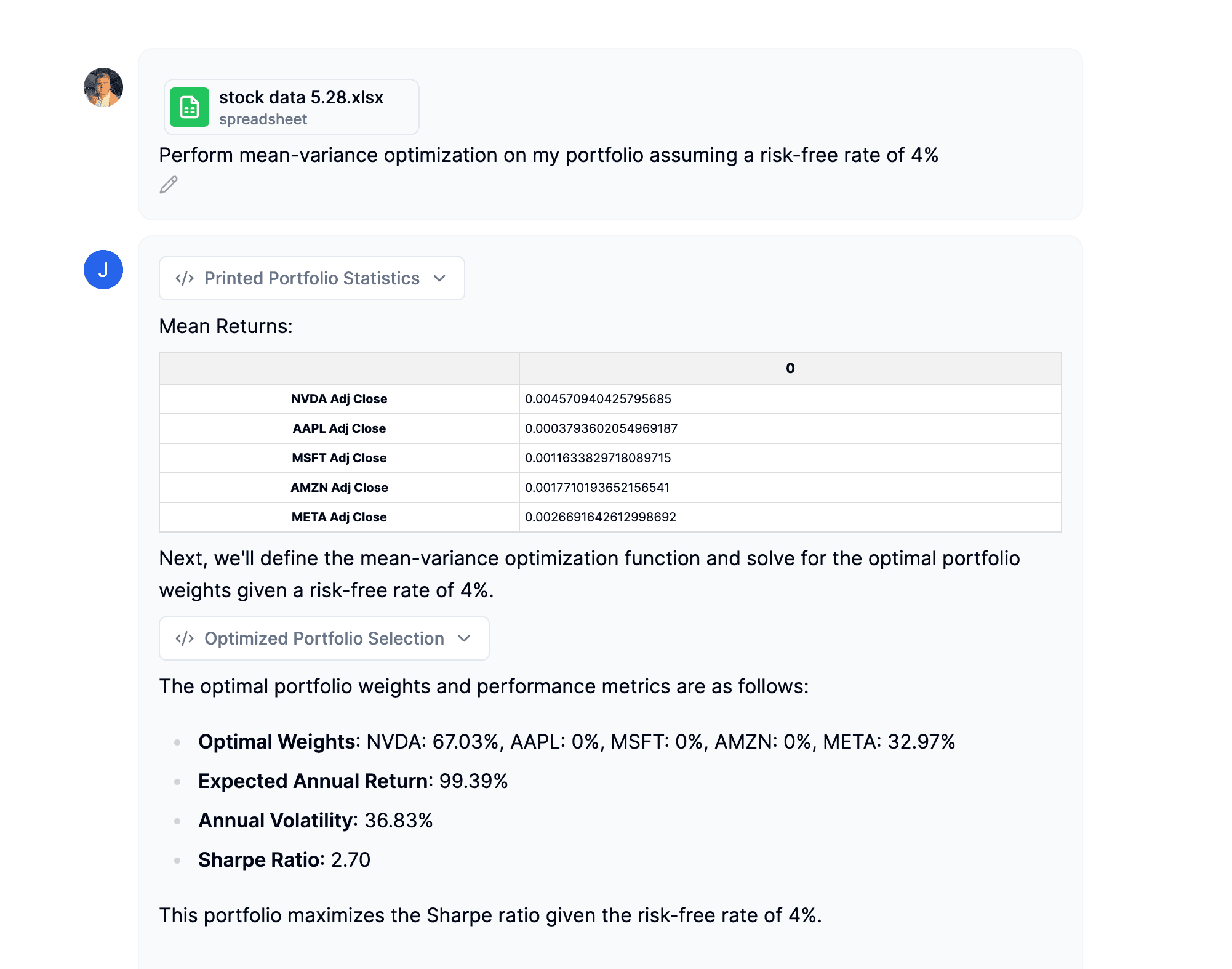 AI tool performing mean-variance optimization on a portfolio.