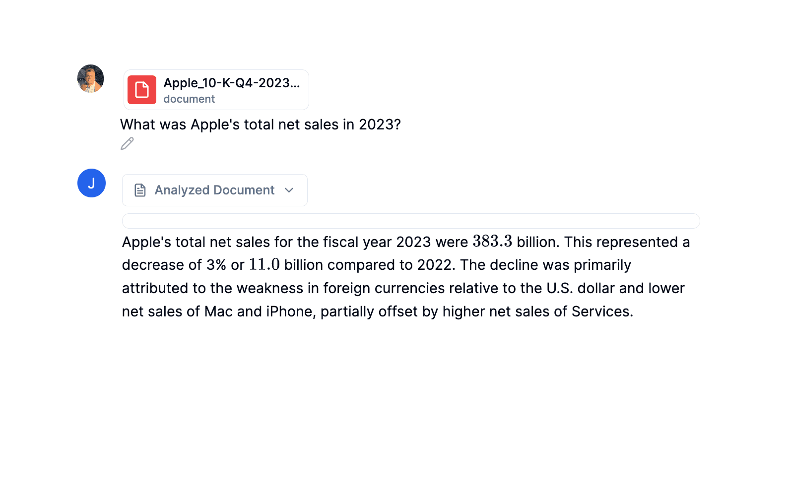 AI answering question about Apple's financial reports.