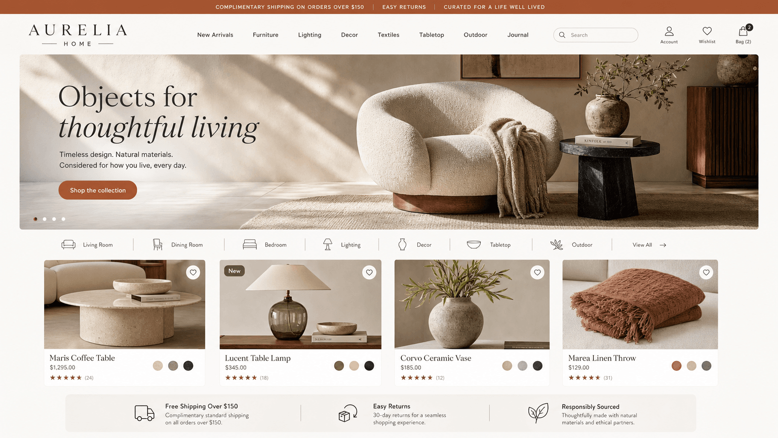 Aurelia ecommerce home decor site with furniture product cards and shopping navigation