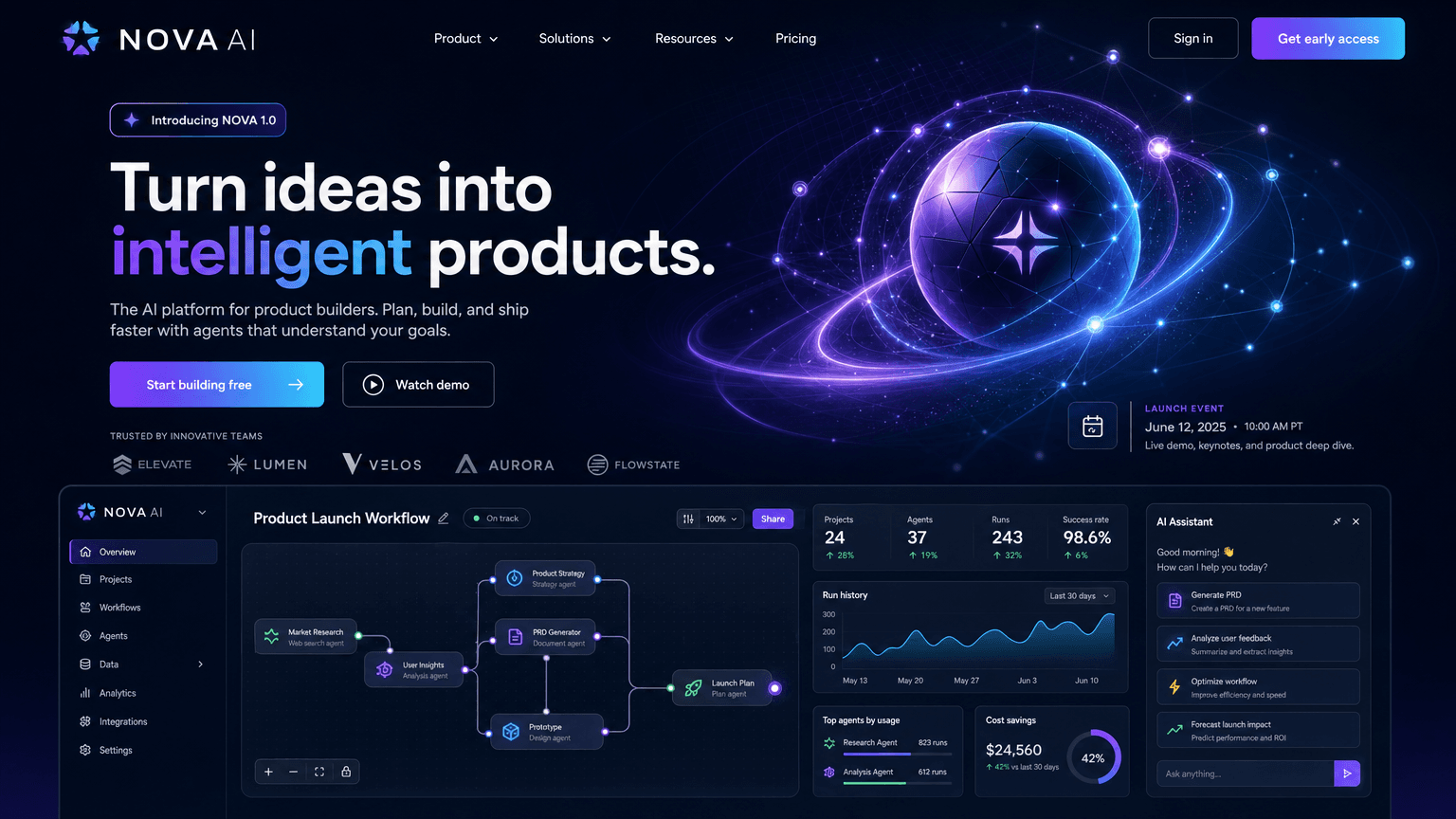 NOVA AI product landing page with a dark dashboard and glowing product graphic