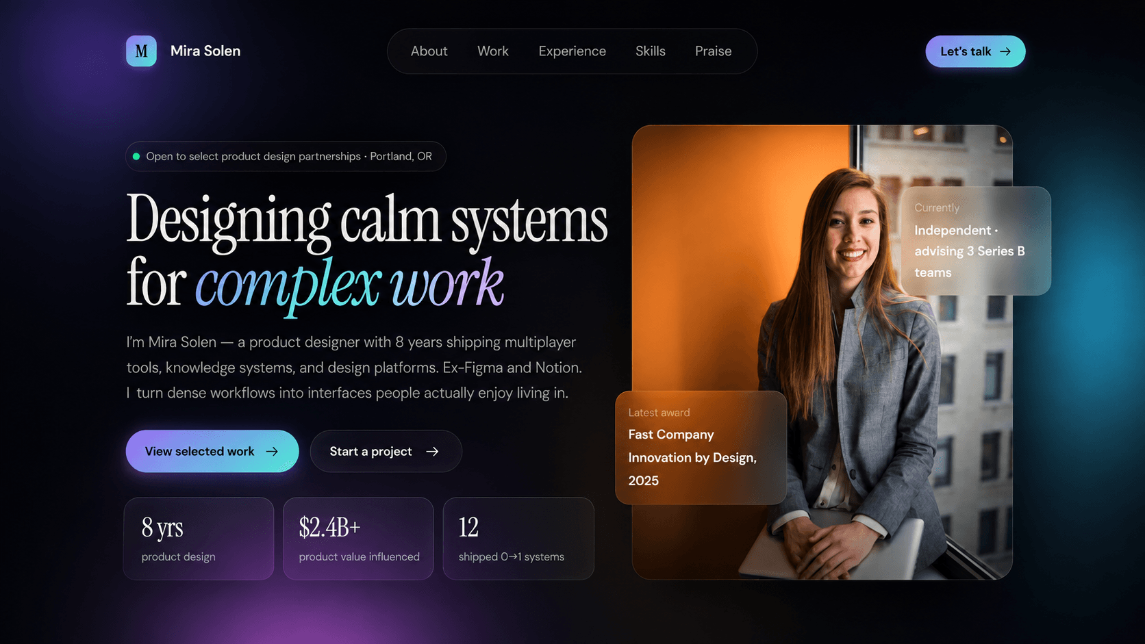 Mira Sol portfolio website for a brand designer with a portrait and project highlights