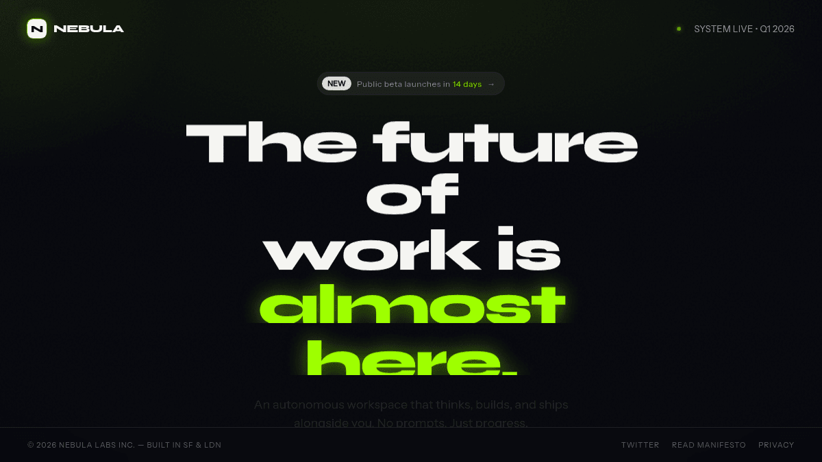Dark Nebula startup coming-soon page with neon green typography