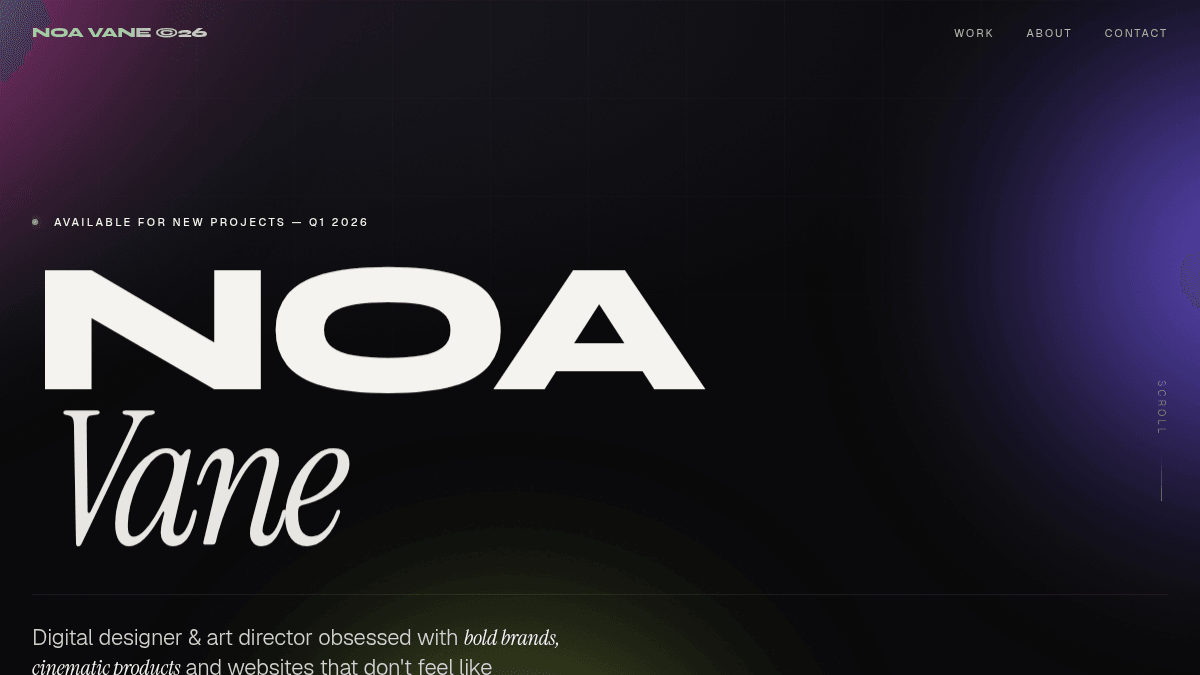 Dark NOA Vane designer portfolio homepage with oversized typography