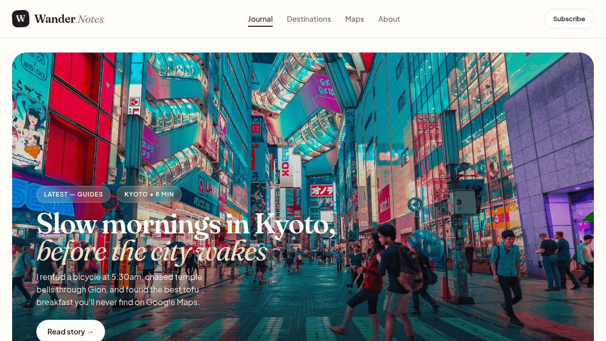 Wander Notes travel blog homepage featuring a Kyoto article