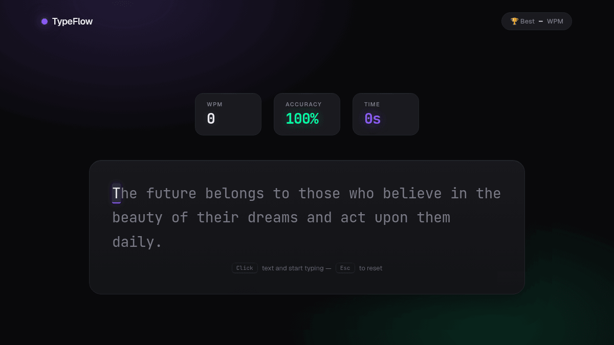 TypeFlow typing speed test with accuracy, WPM, and timer controls